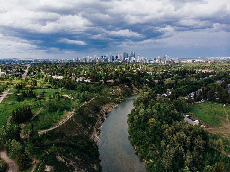 An aerial view of Calgary from River Park