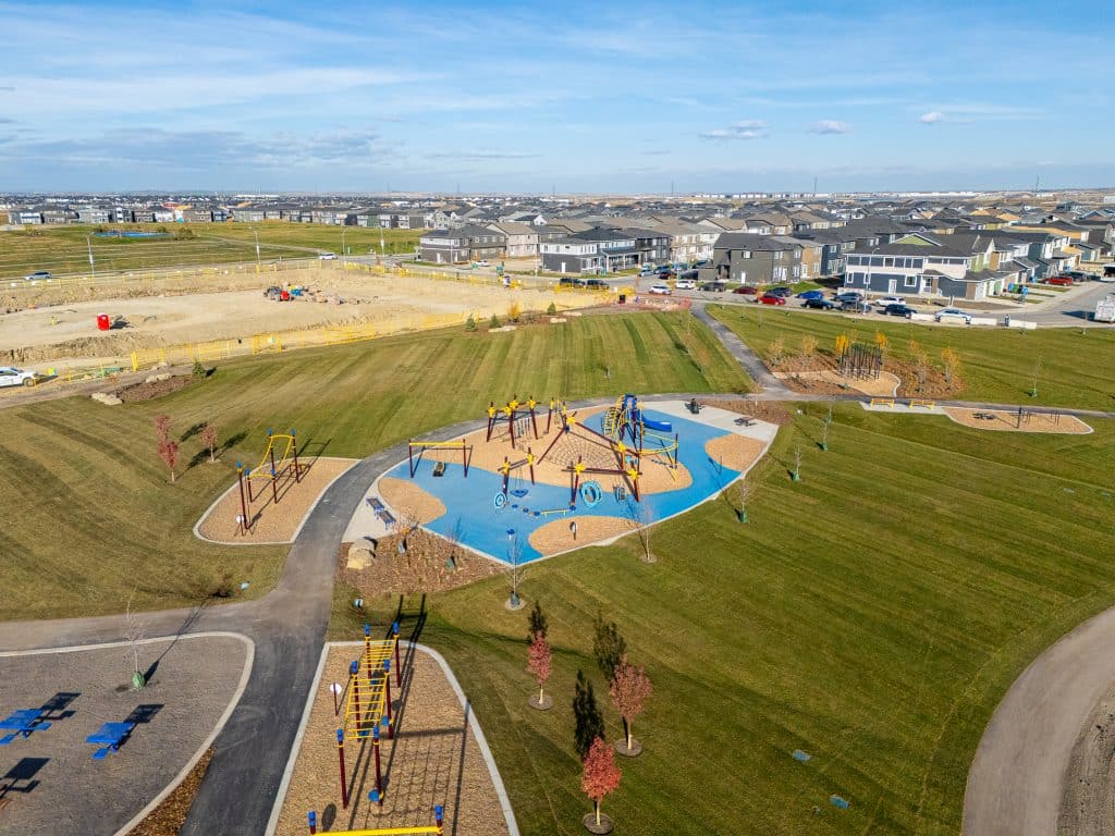 Aerial photo of new City of Calgary designed park in Cornerstone in Northwest Calgary.